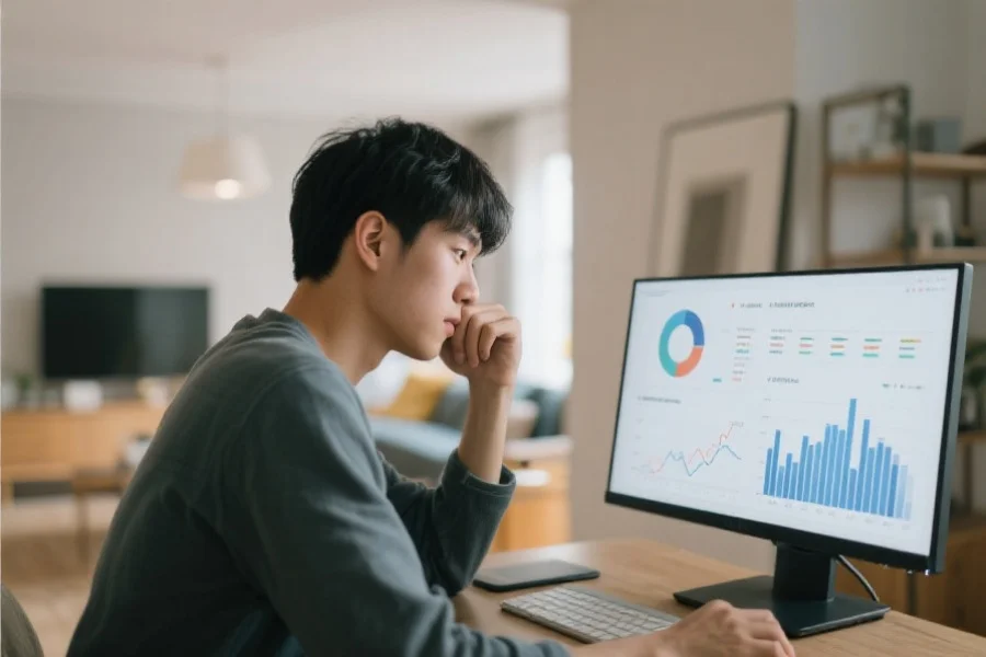 一个理性思考的年轻人在电脑前认真分析数据，背景为现代家庭环境，展现专注与自律