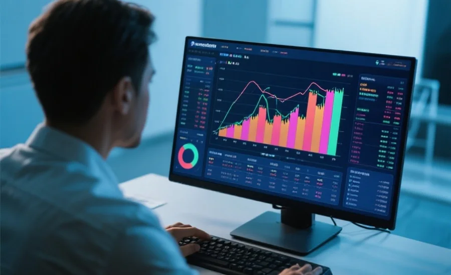 一位数据分析师正在使用电脑分析极速赛车开奖结果，屏幕上有彩色图表和数据趋势线