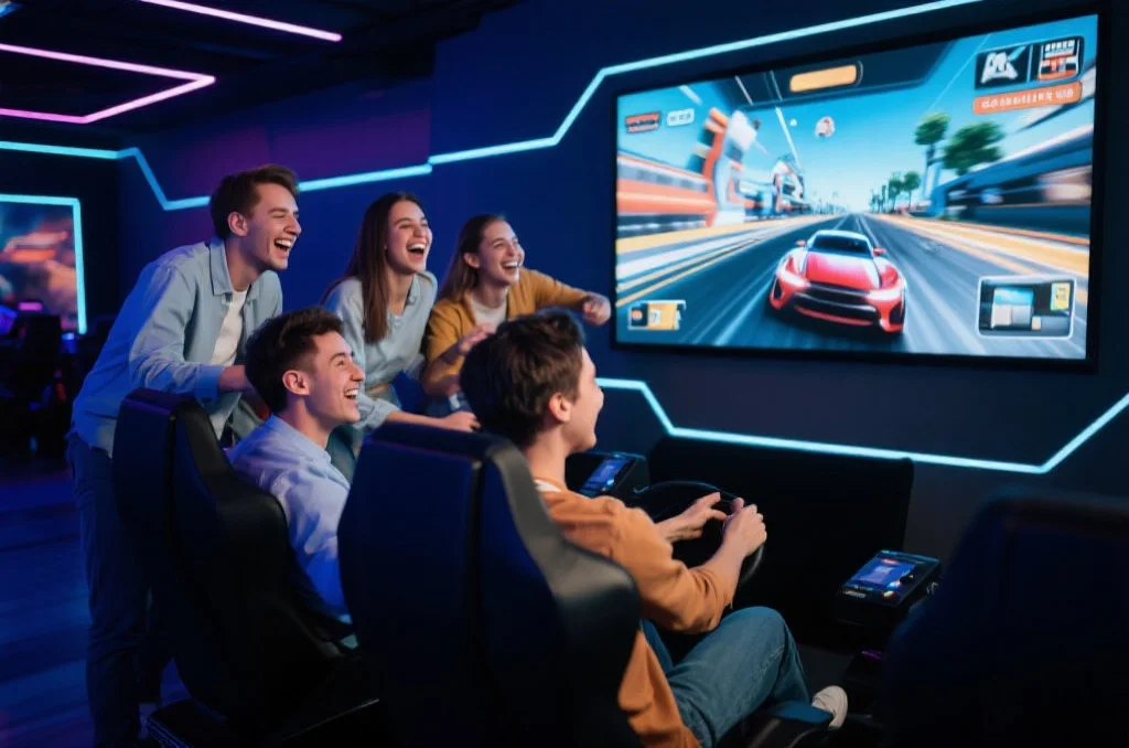 朋友们享受虚拟赛车游戏